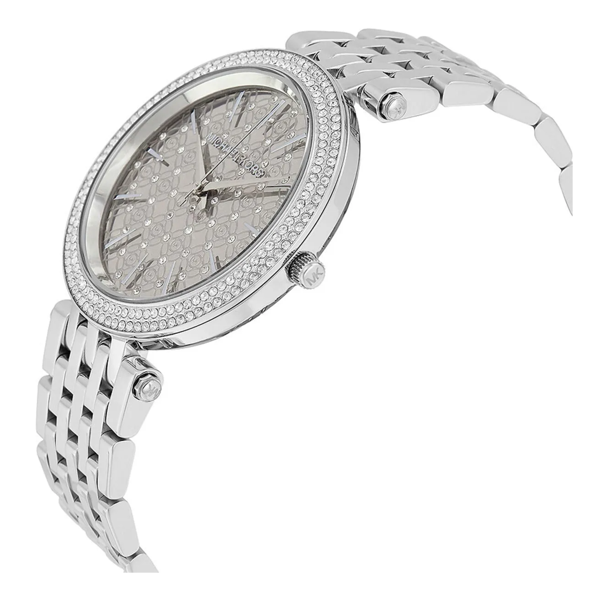 Michael Kors Darci MK3404 silver pavé watch angled view