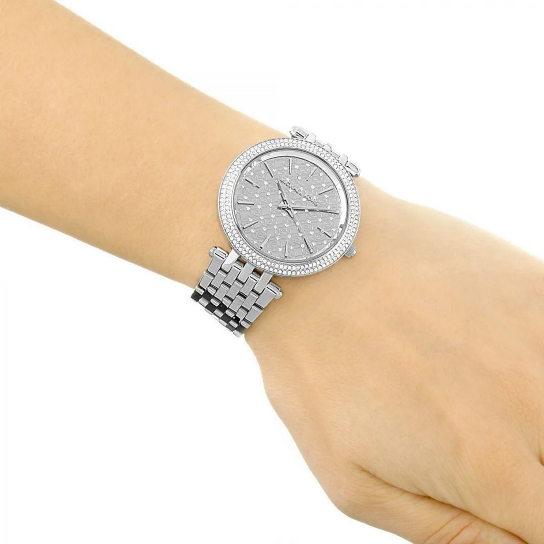 Michael Kors Darci MK3404 women's silver watch on wrist