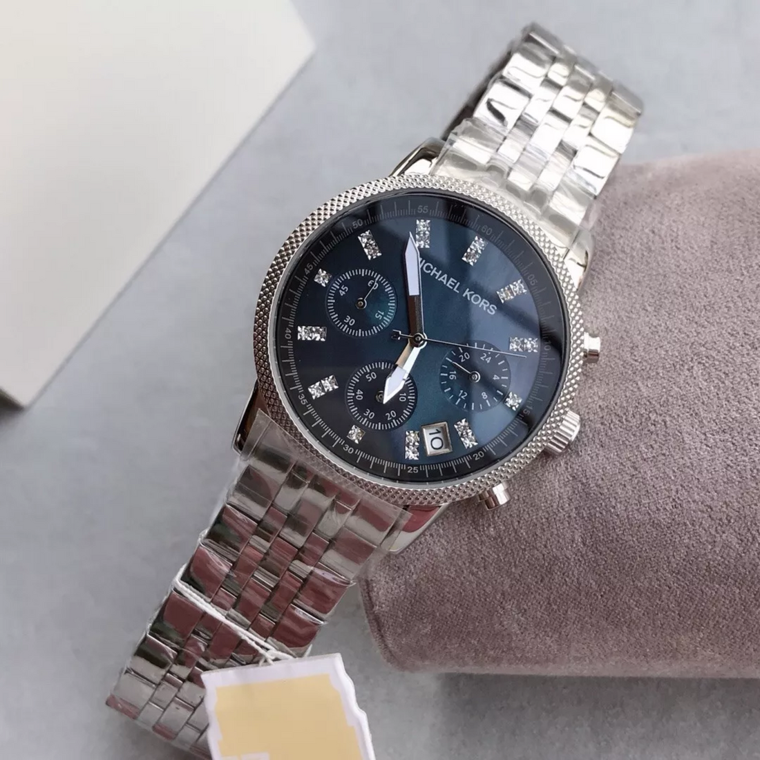 Michael Kors MK5021 dark dial chronograph silver bracelet angled view