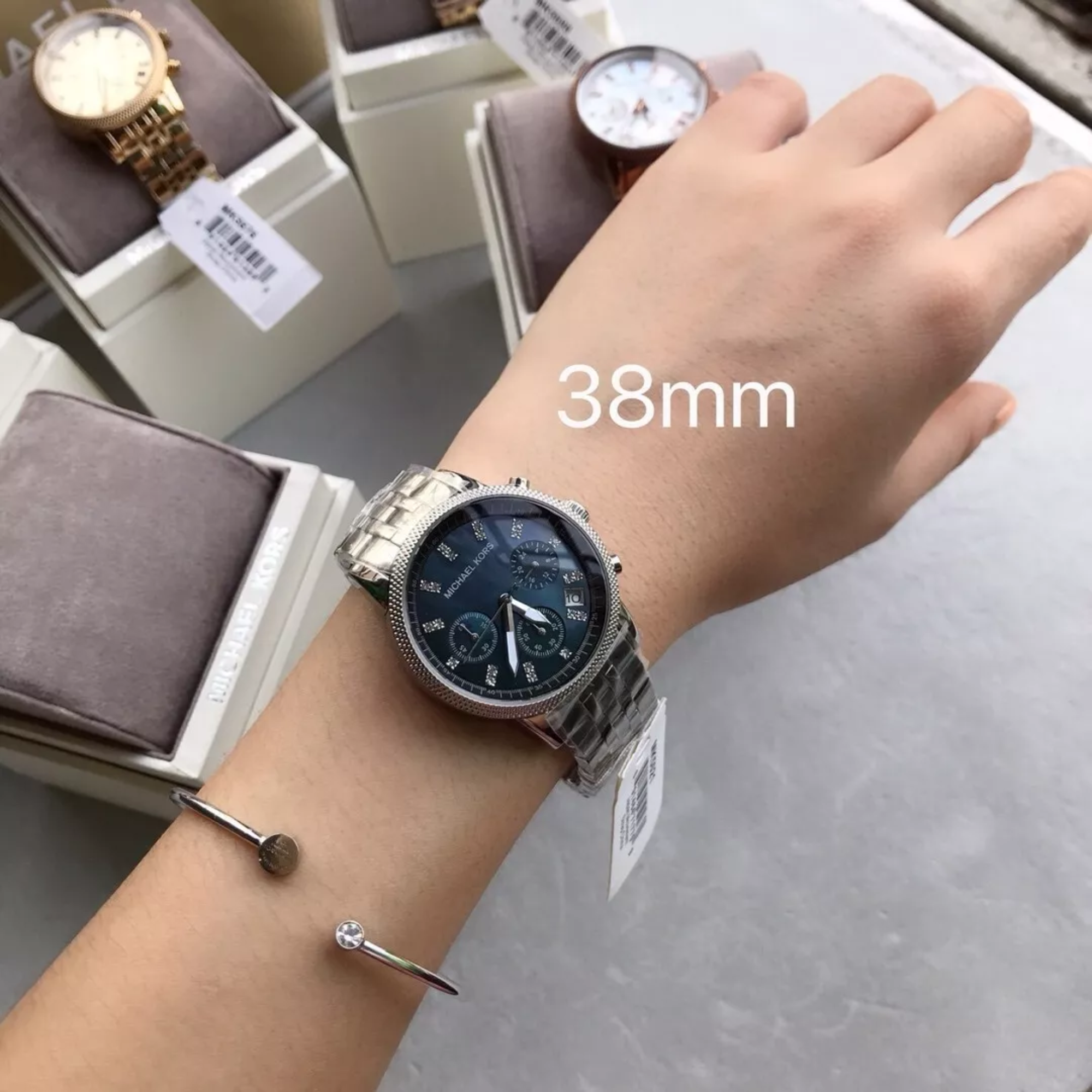 Michael Kors MK5021 silver watch dark chronograph dial wrist view