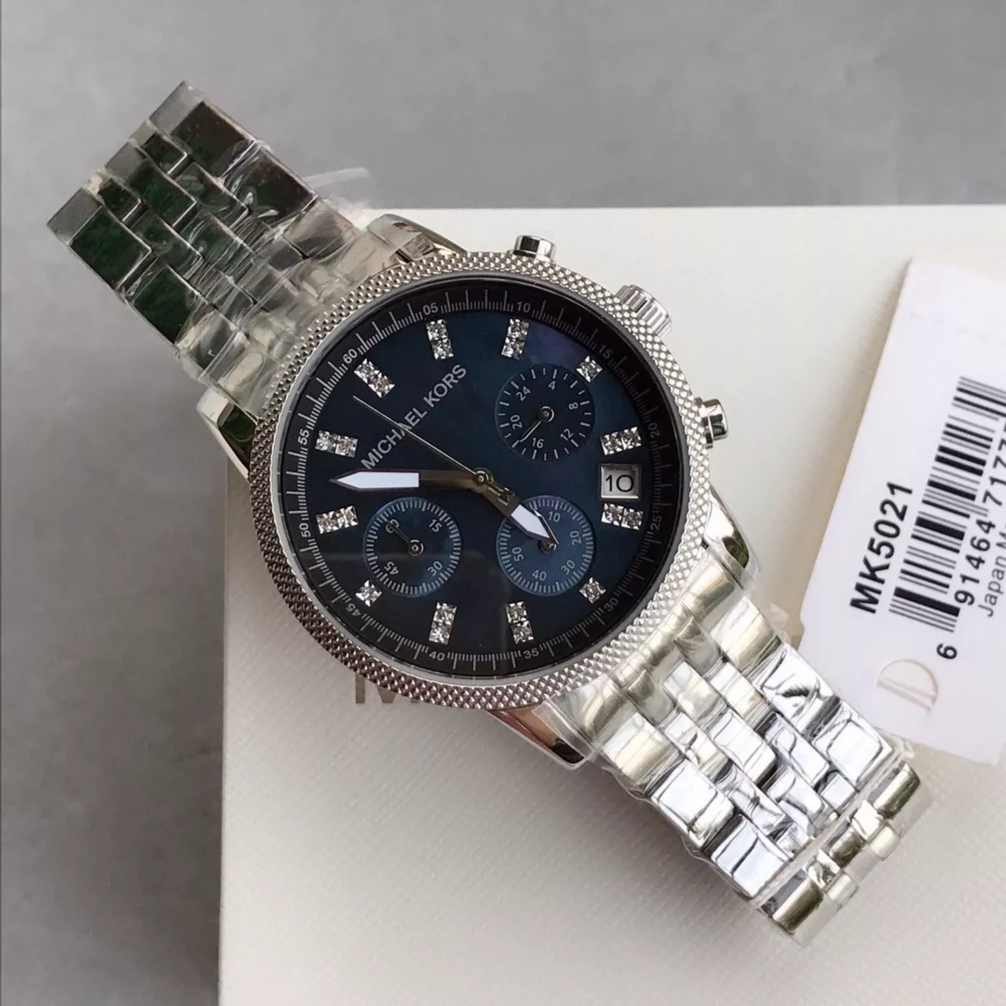 Michael Kors MK5021 dark dial crystal hour markers and silver bracelet