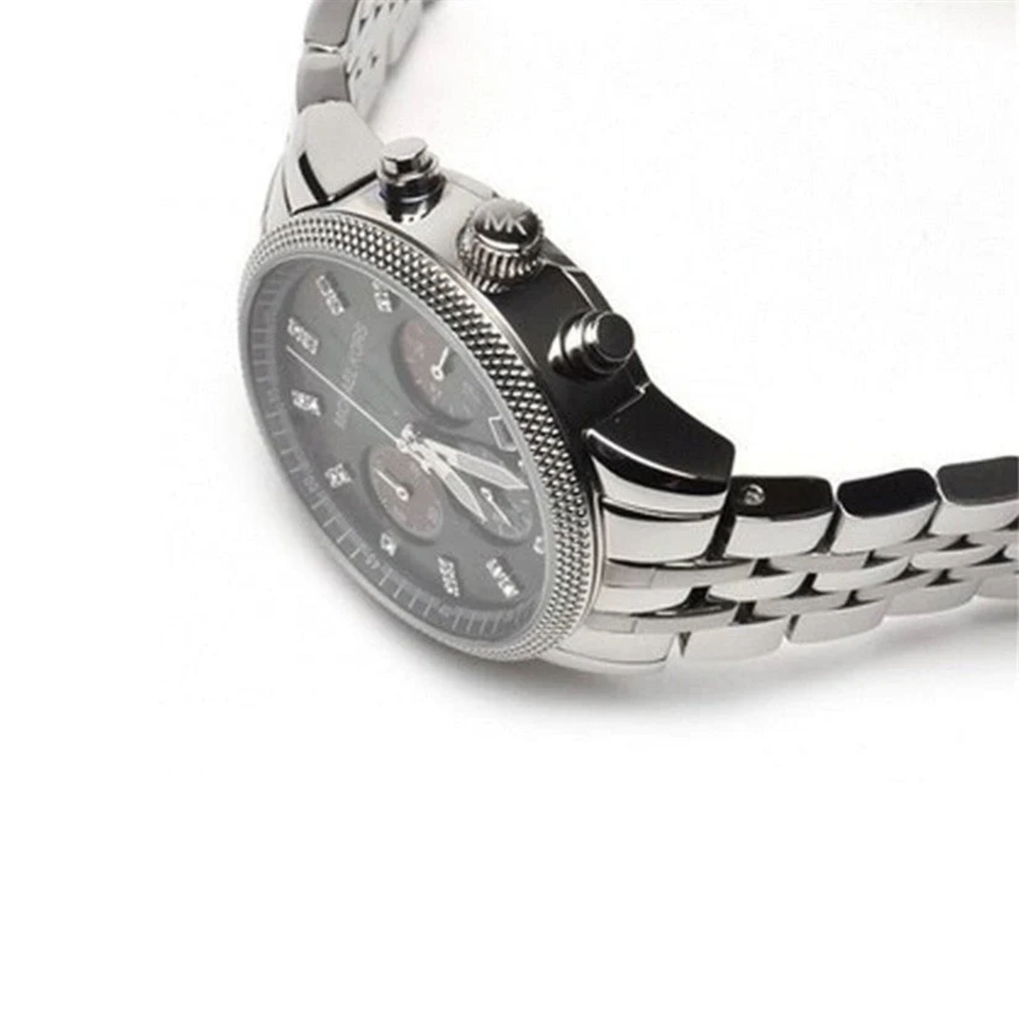Michael Kors MK5021 silver chronograph watch bezel and crown side detail