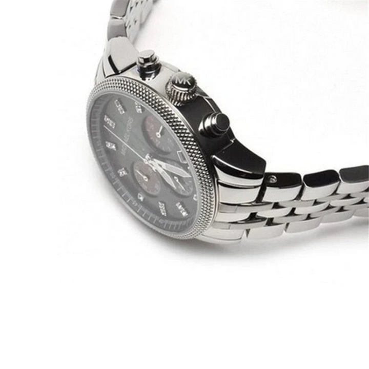 Michael Kors MK5021 silver chronograph watch bezel and crown side detail