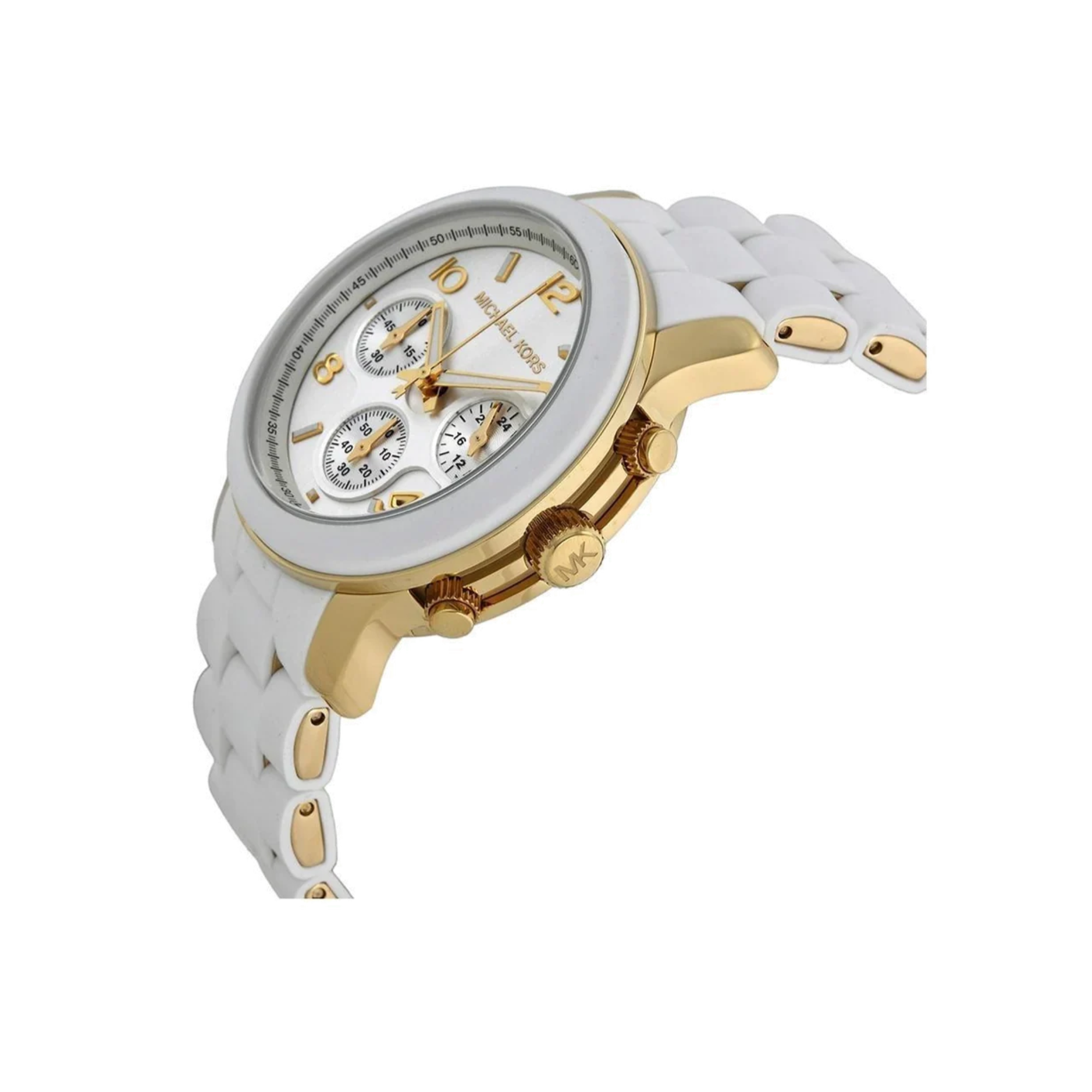 Michael Kors Runway MK5145 white and gold chronograph watch angled front view