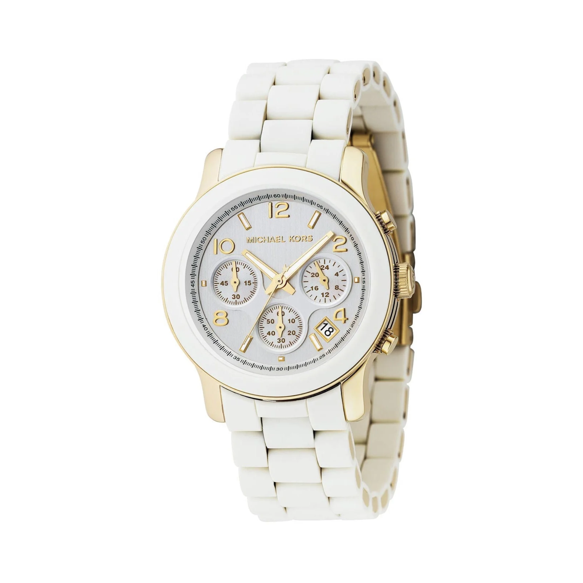 Michael Kors Runway MK5145 white and gold women's chronograph watch front view