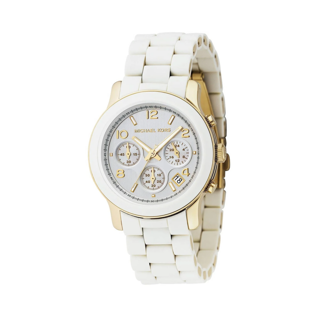 Michael Kors Runway MK5145 white and gold women's chronograph watch front view