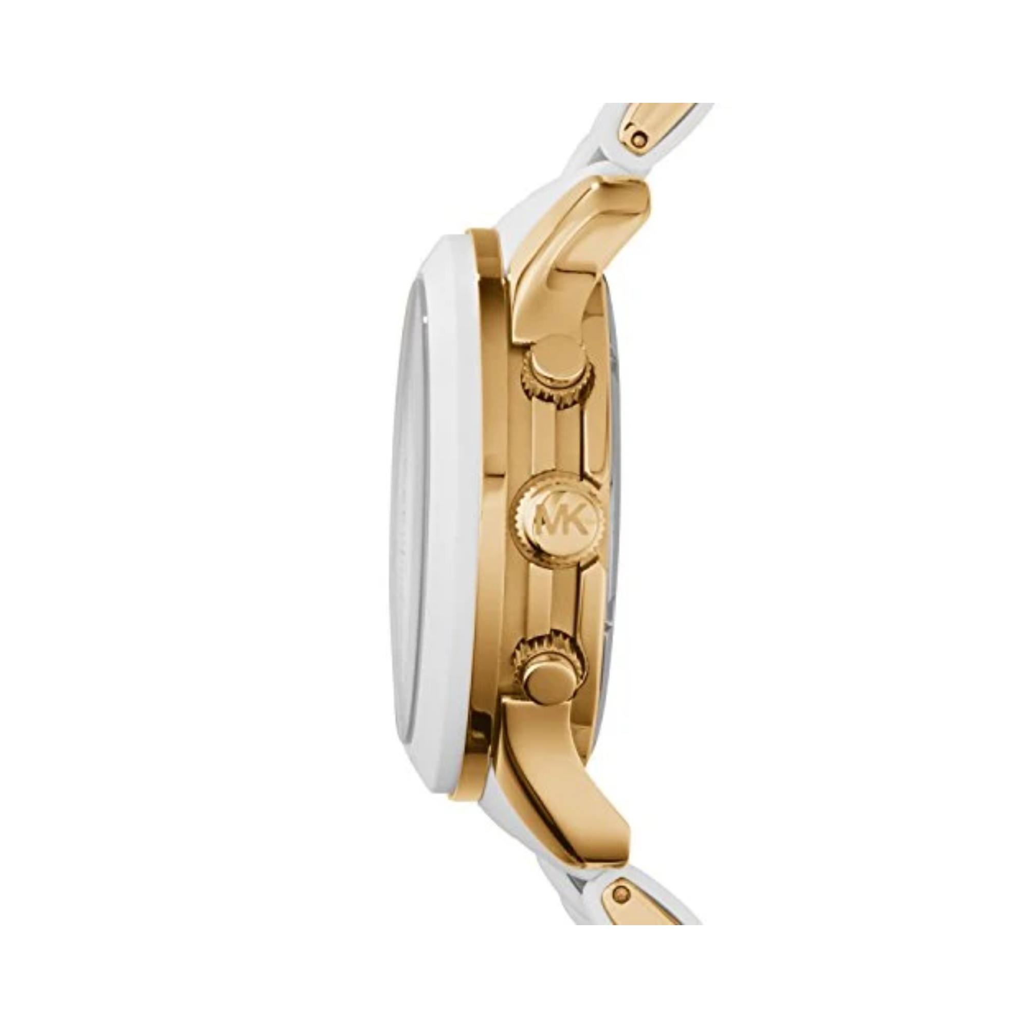 Michael Kors Runway MK5145 gold-tone case side profile with crown and chronograph pushers
