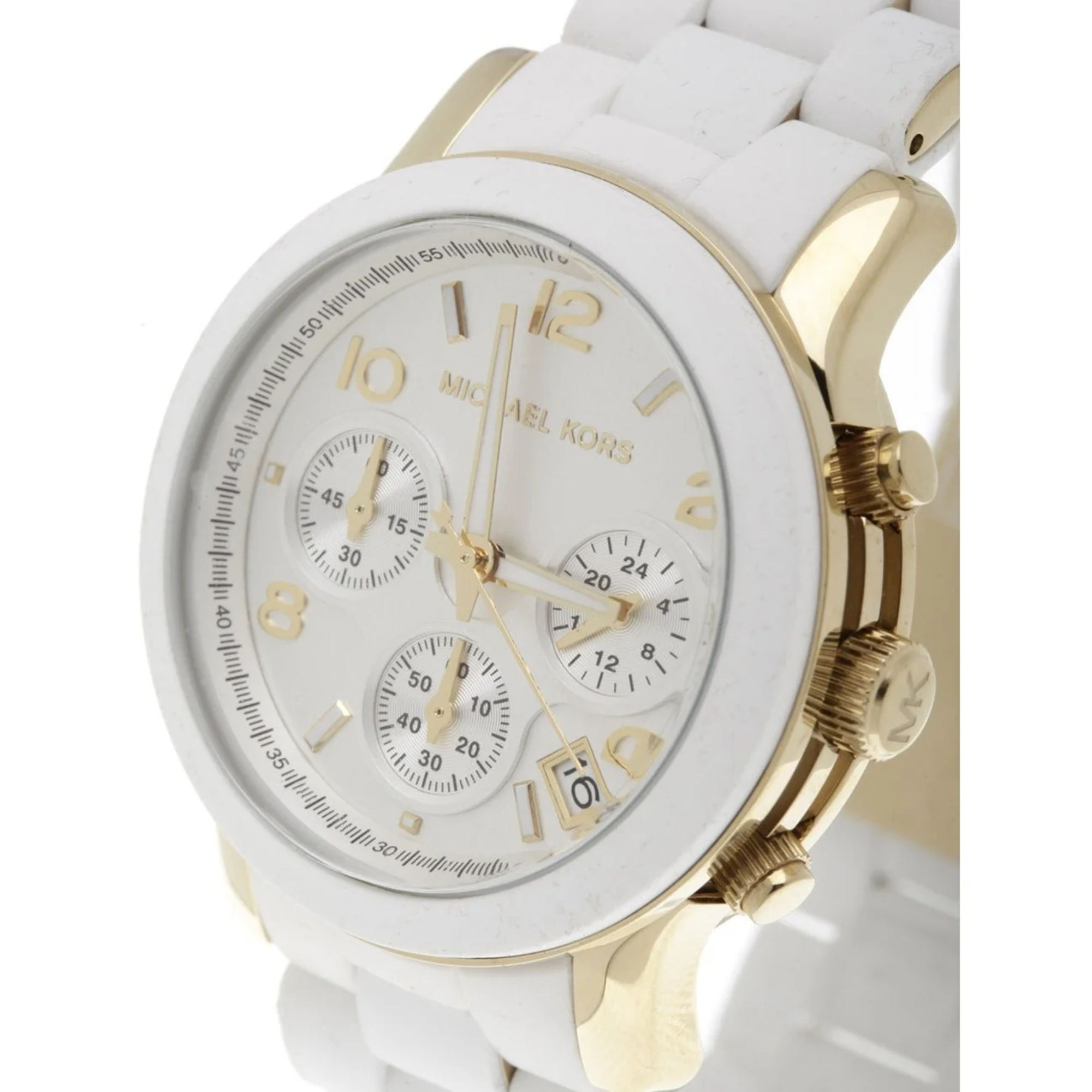 Michael Kors Runway MK5145 women's watch three-quarter view with gold-tone case