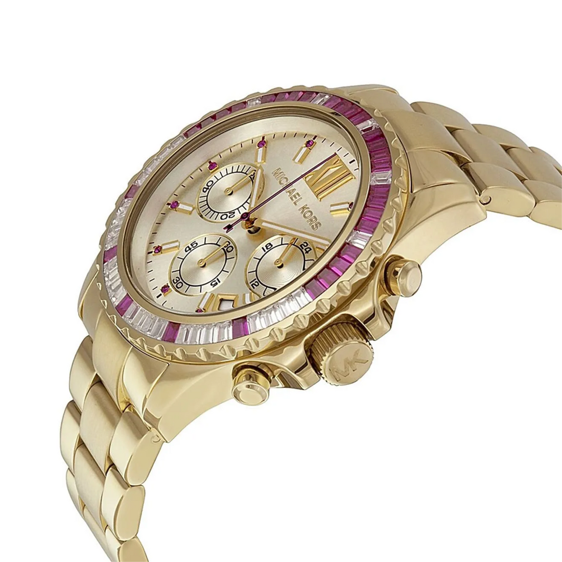 Michael Kors MK5871 gold-tone watch angled view showing crystal bezel and chronograph dial