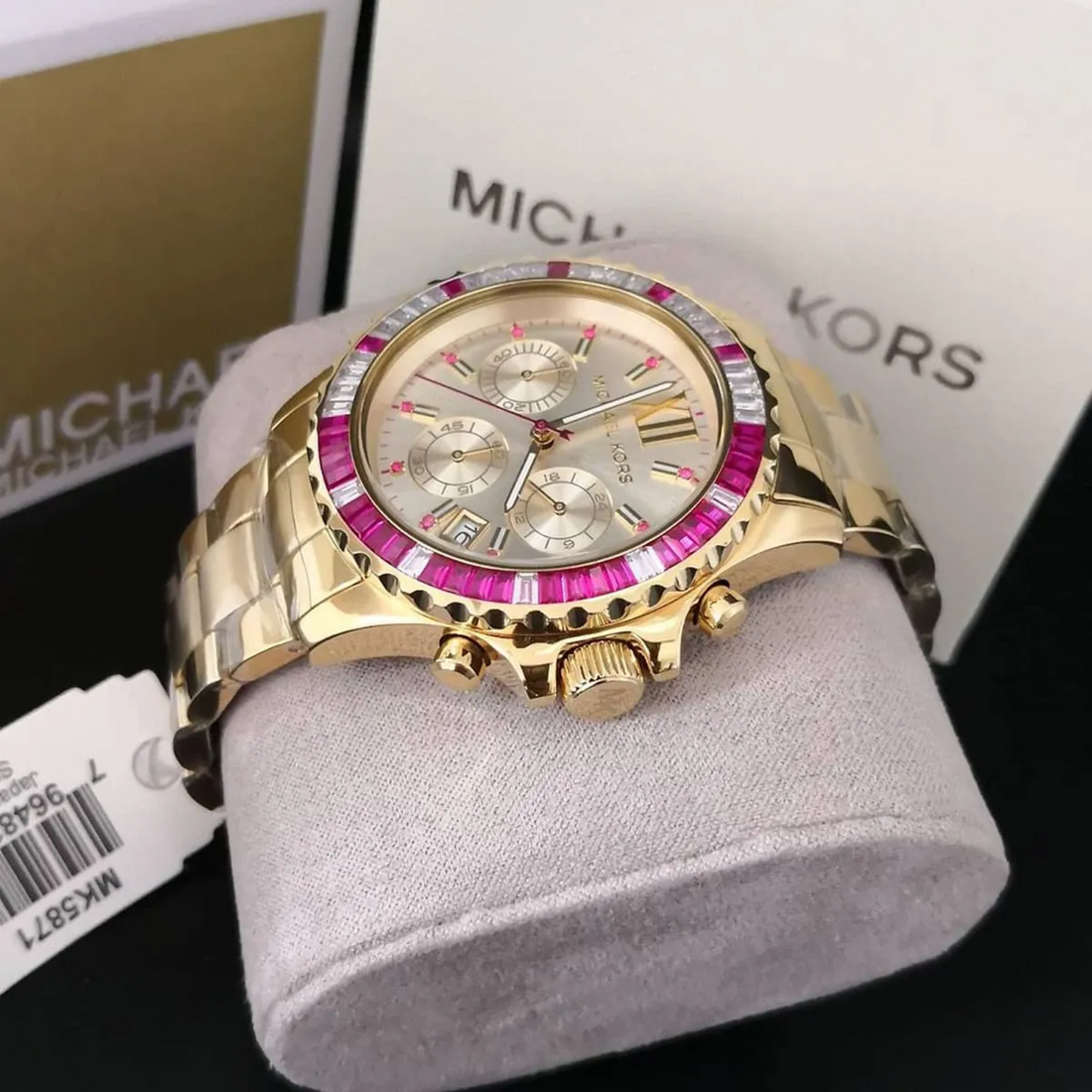 Michael Kors MK5871 angled display view showing crown, pushers and gold-tone case
