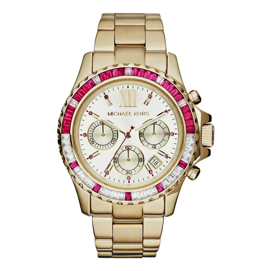 Michael Kors MK5871 gold-tone chronograph watch front view with pink and clear crystal bezel