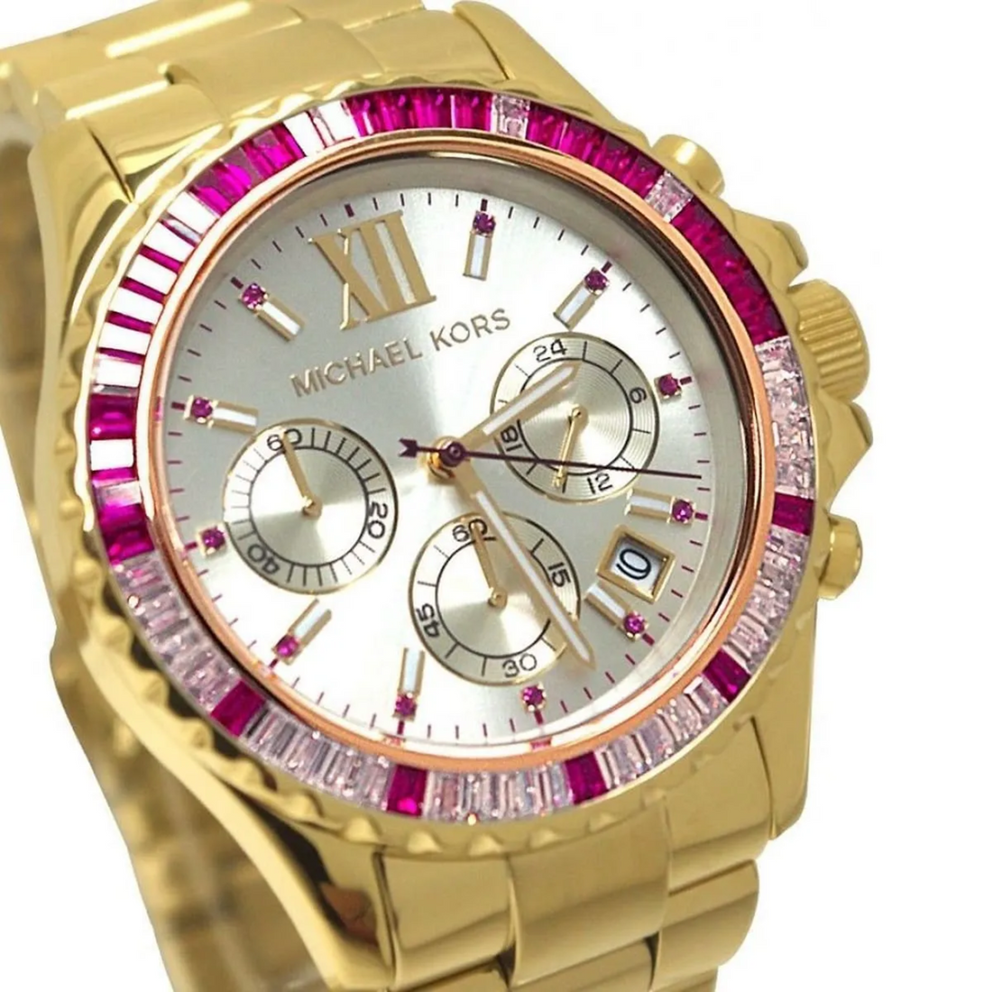 Michael Kors MK5871 close-up of gold-tone chronograph dial and pink crystal bezel