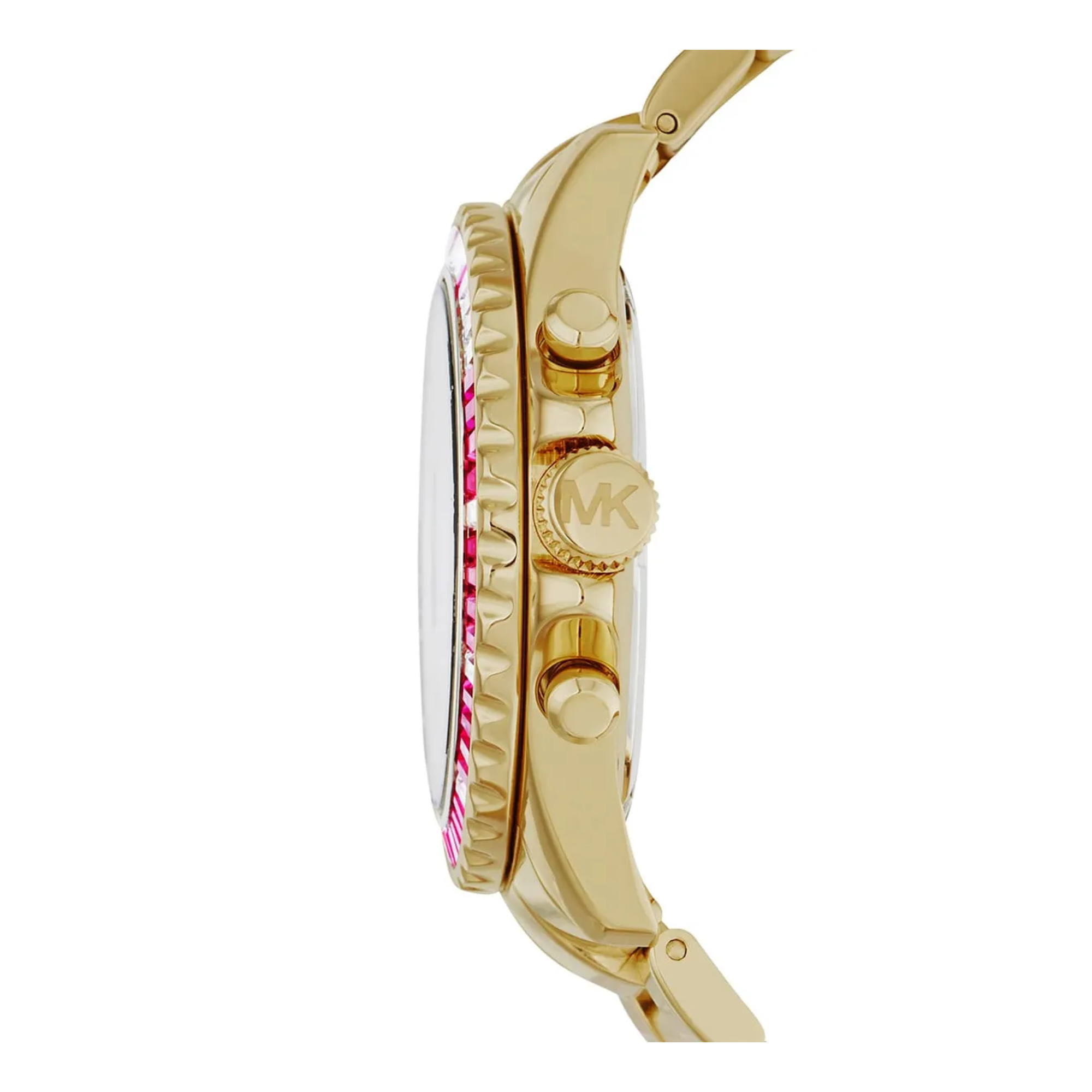 Michael Kors MK5871 side profile showing MK crown, chronograph pushers and crystal bezel