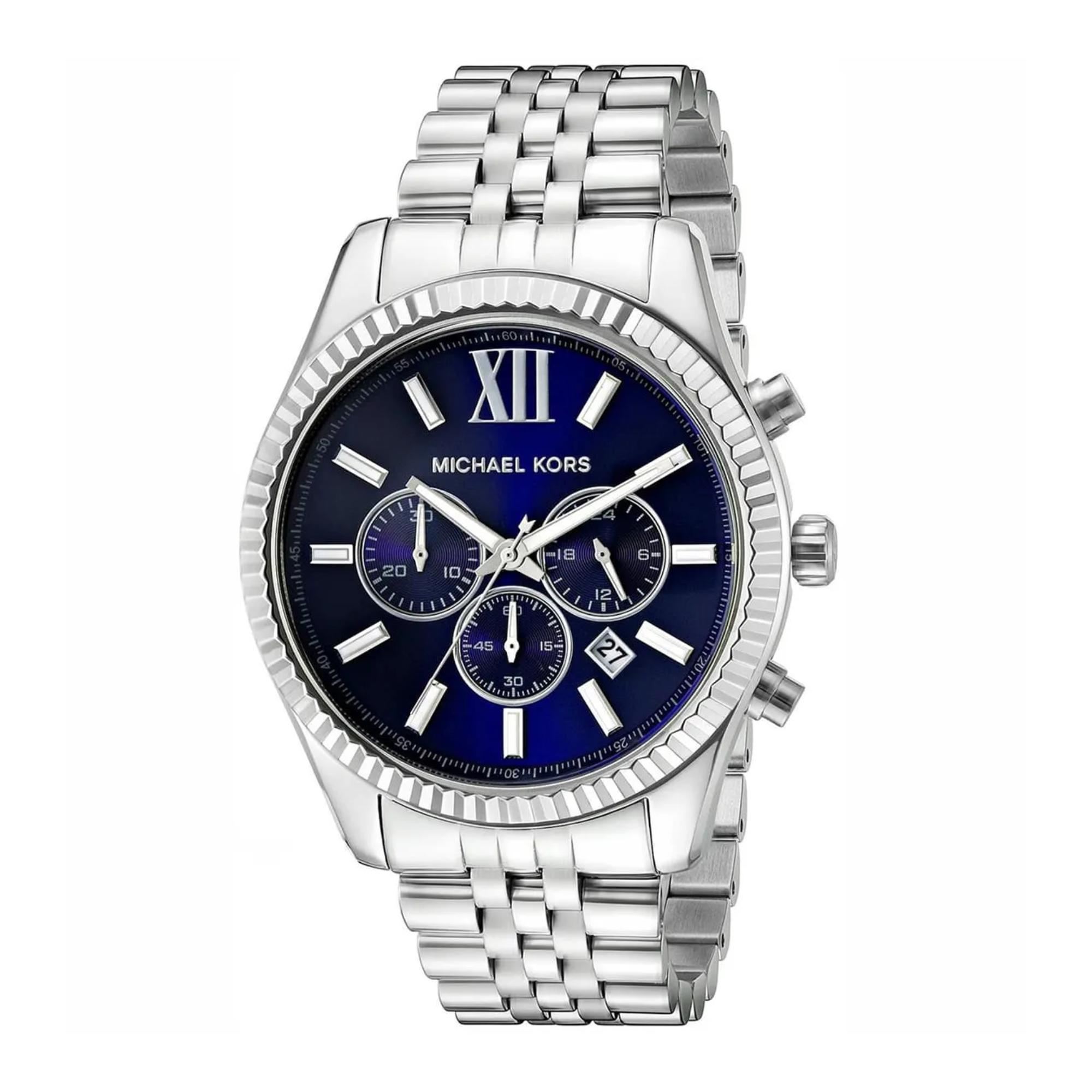 Michael Kors Lexington MK8280 silver-tone chronograph watch with navy dial front view