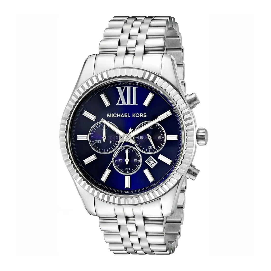 Michael Kors Lexington MK8280 silver-tone chronograph watch with navy dial front view