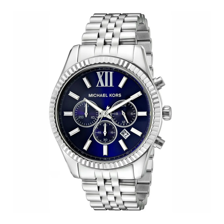 Michael Kors Lexington MK8280 silver-tone chronograph watch with navy dial front view