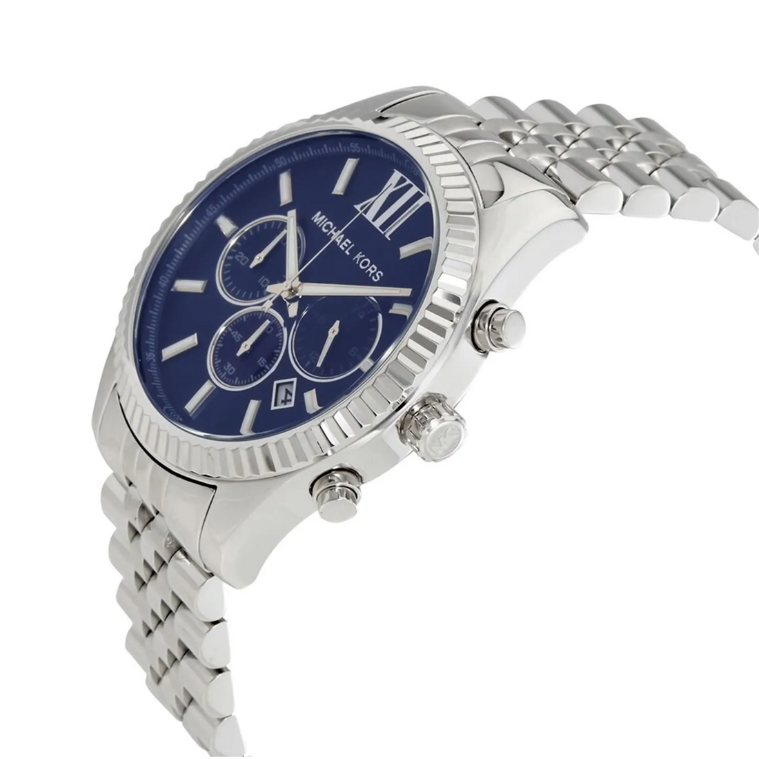 Michael Kors Lexington MK8280 silver stainless steel bracelet and navy dial detail