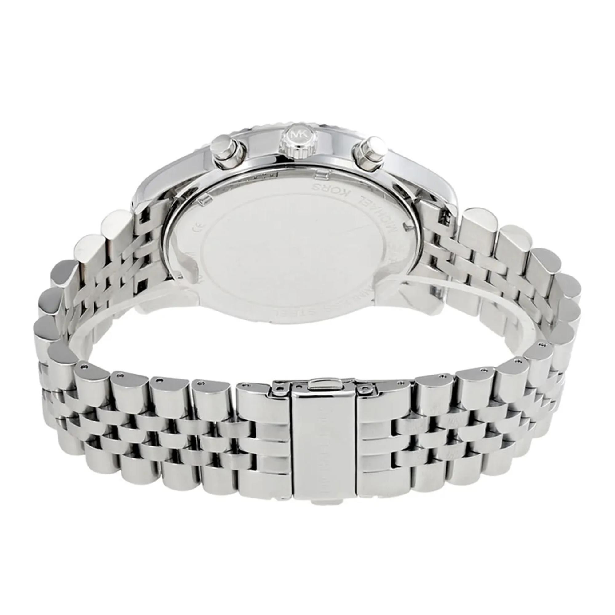 Michael Kors MK8280 silver-tone watch side profile with crown and chronograph pushers