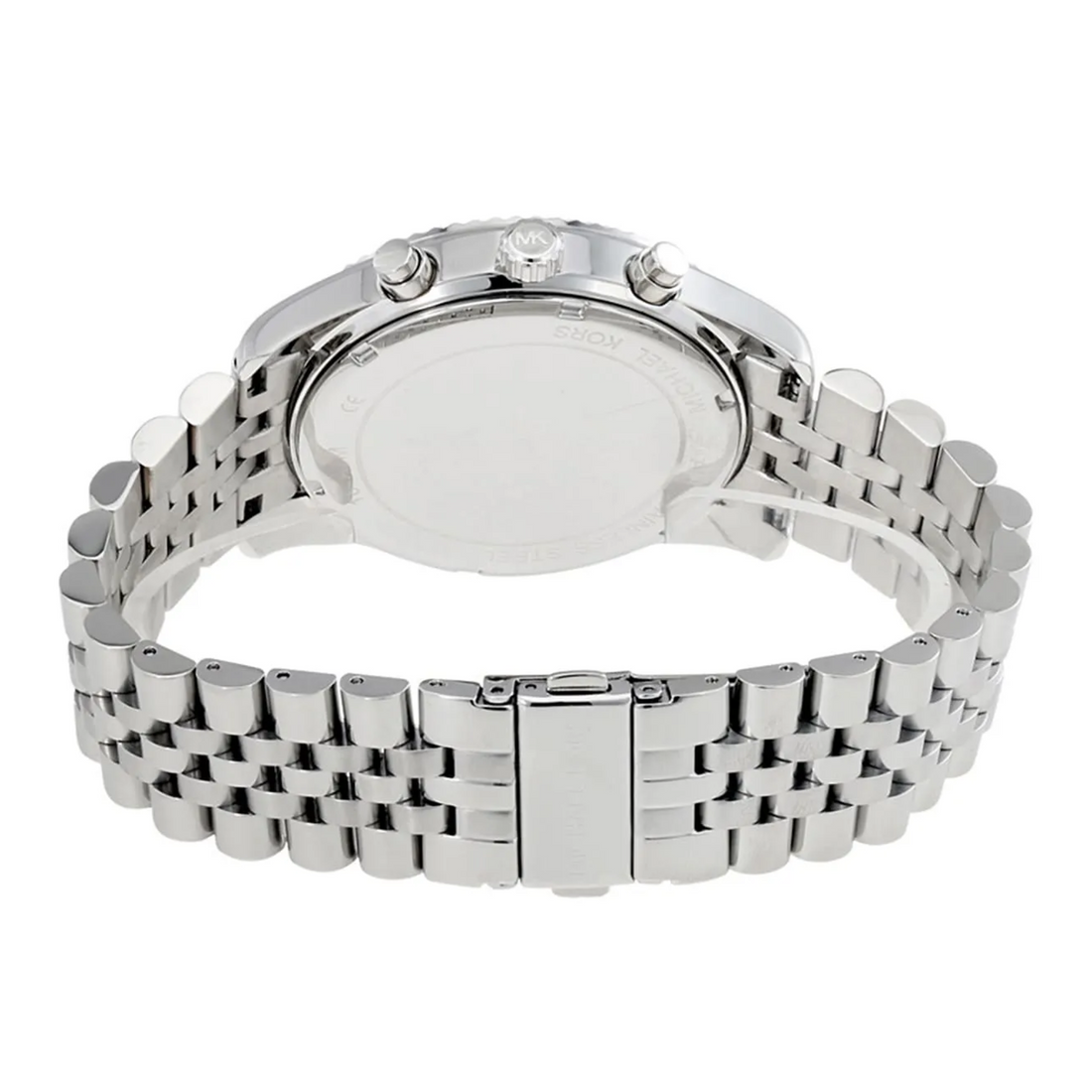 Michael Kors MK8280 silver-tone watch side profile with crown and chronograph pushers
