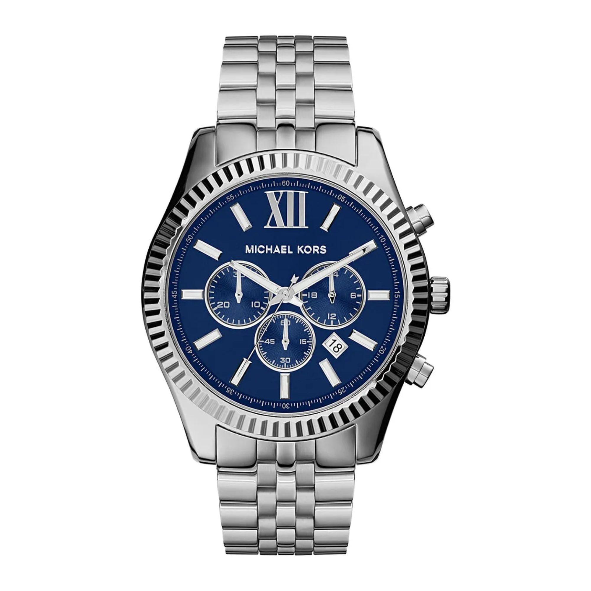 Michael Kors MK8280 stainless steel chronograph watch lifestyle close-up