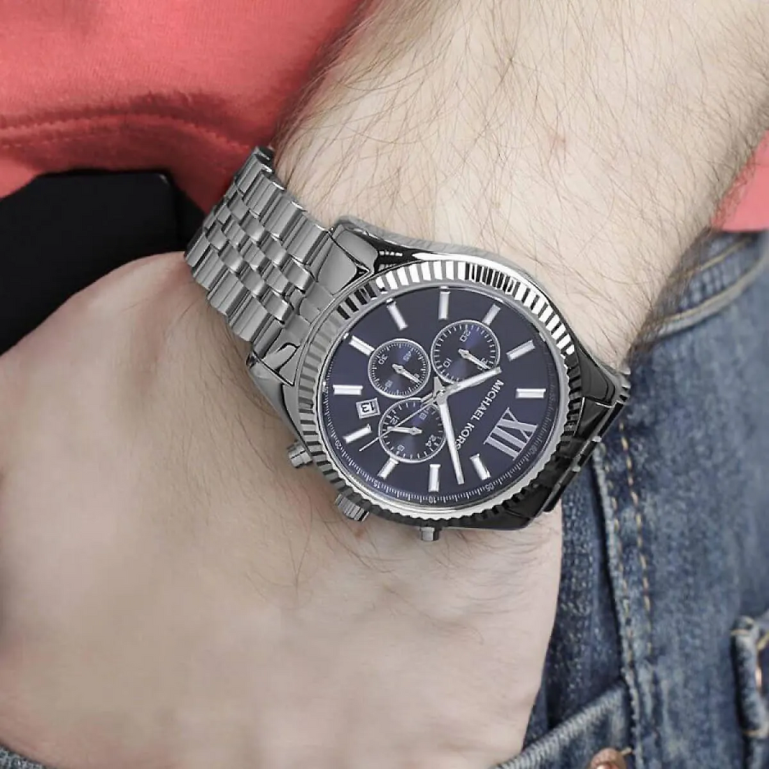 Michael Kors Lexington MK8280 navy dial watch presented in Michael Kors box