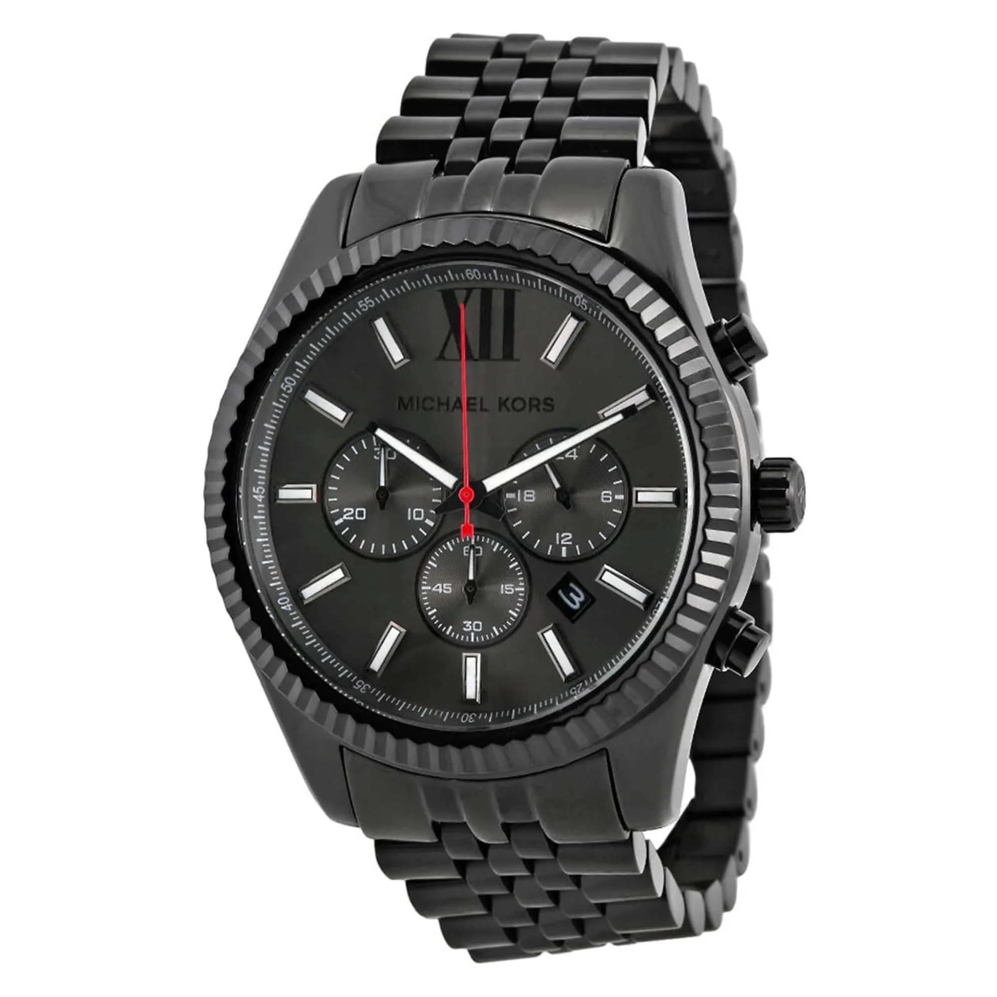 Michael Kors MK8320 black-tone chronograph watch angled front view