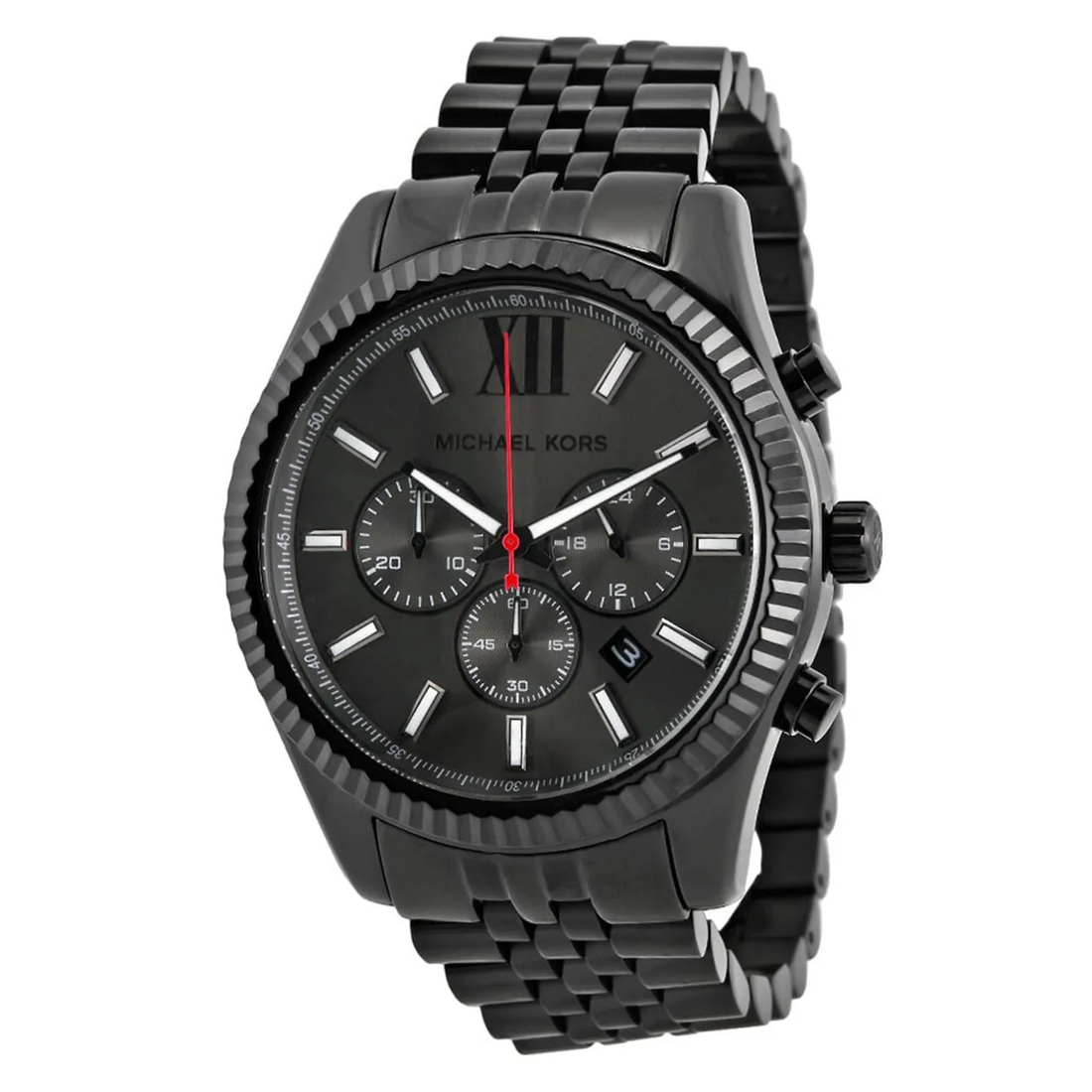 Michael Kors MK8320 black-tone chronograph watch angled front view