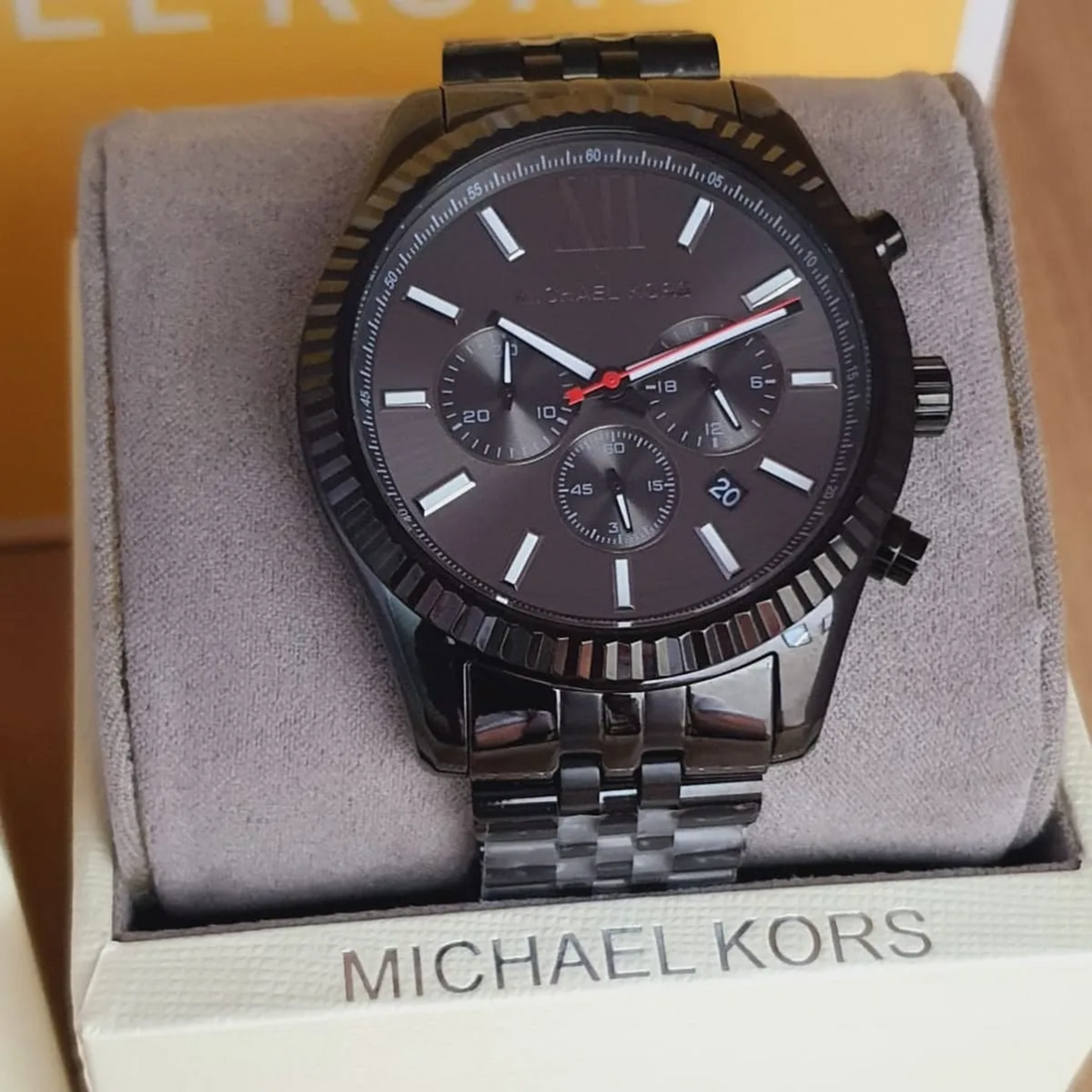 Michael Kors MK8320 men's black-tone chronograph watch front display in box