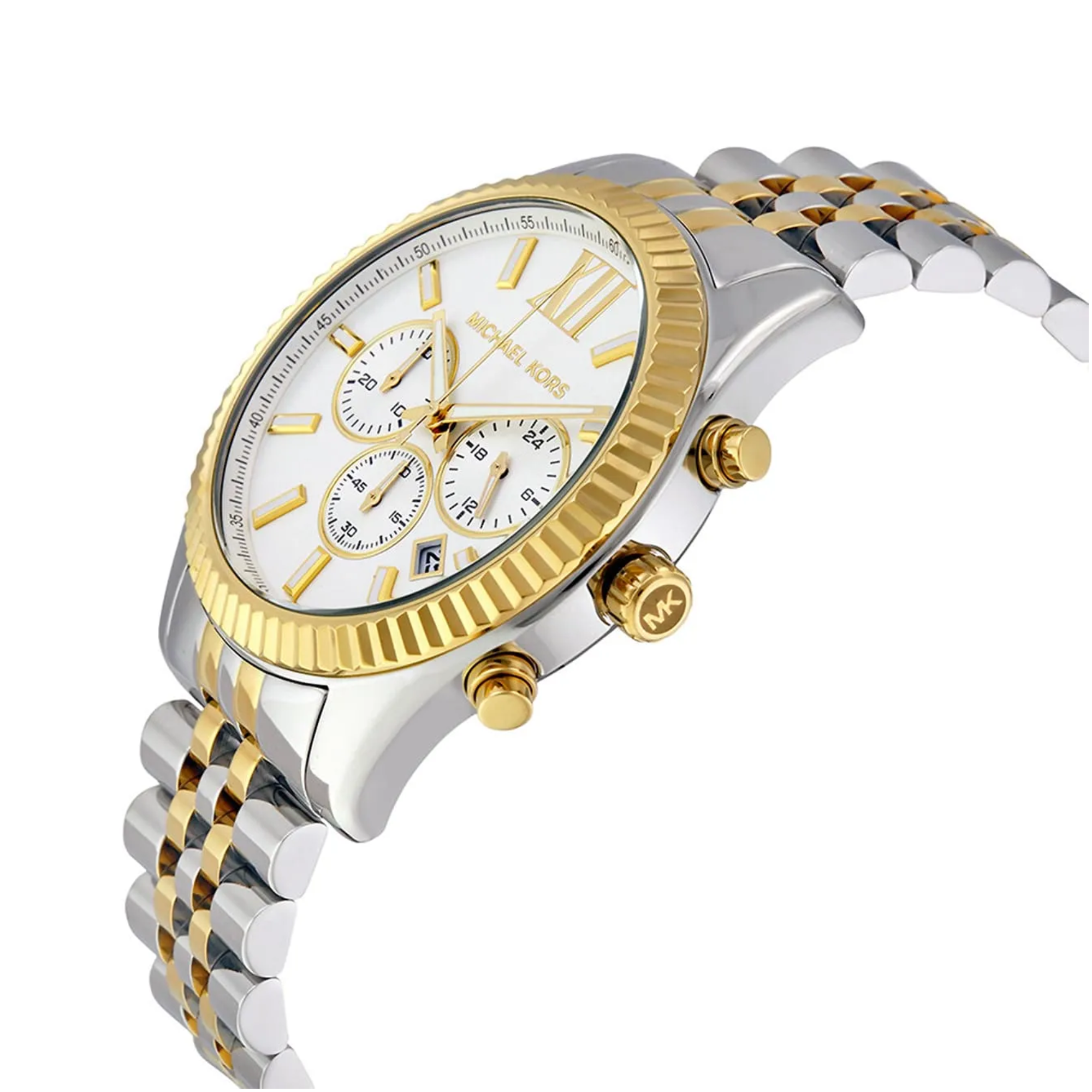 Michael Kors MK8344 gold-tone fluted bezel and chronograph case detail