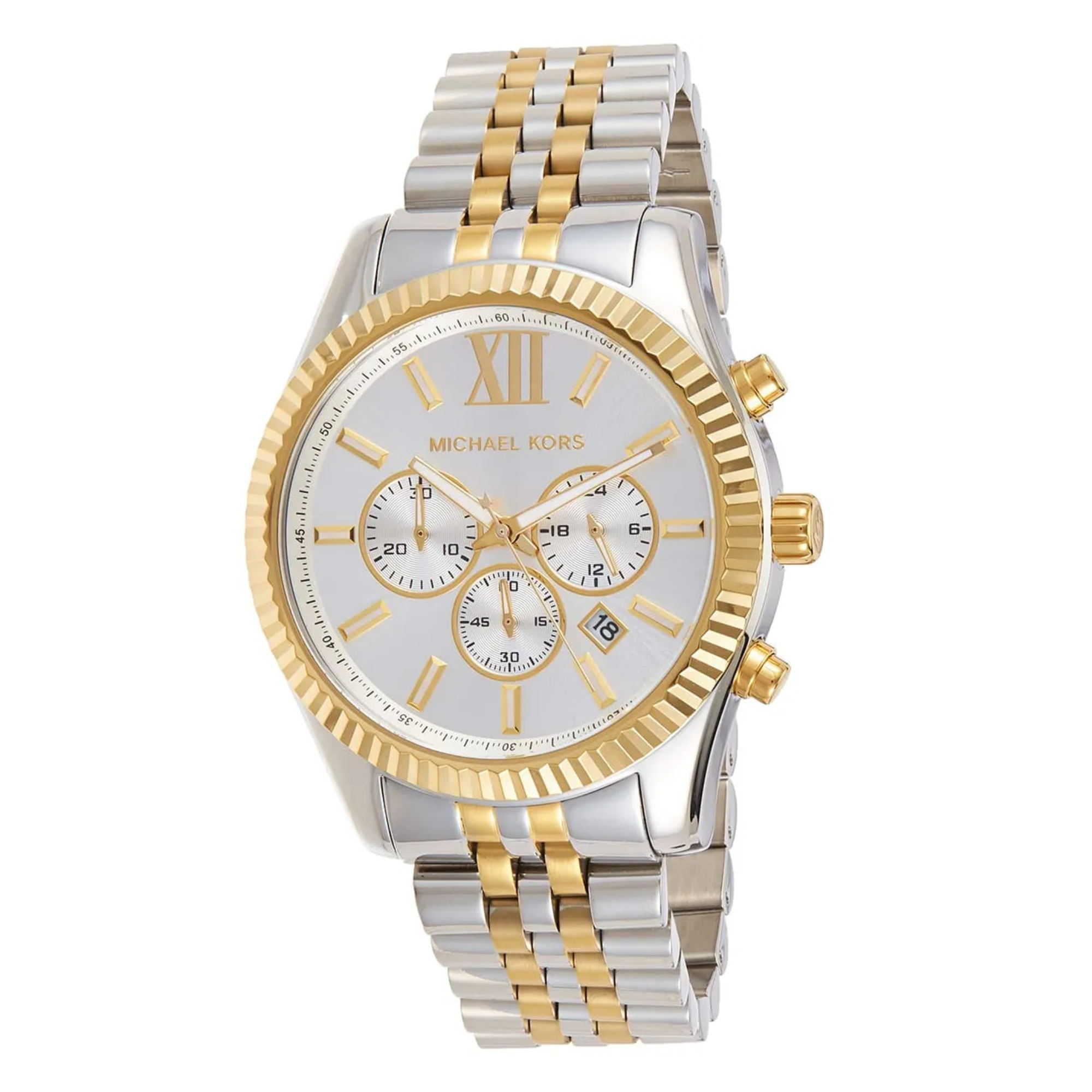 Michael Kors Lexington MK8344 angled front view with two-tone bracelet