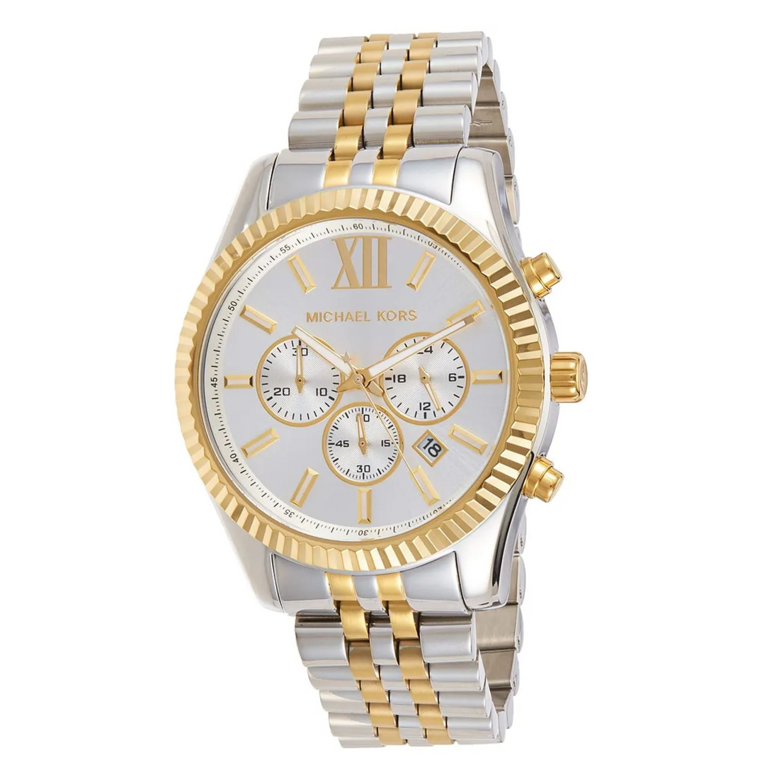 Michael Kors Lexington MK8344 angled front view with two-tone bracelet