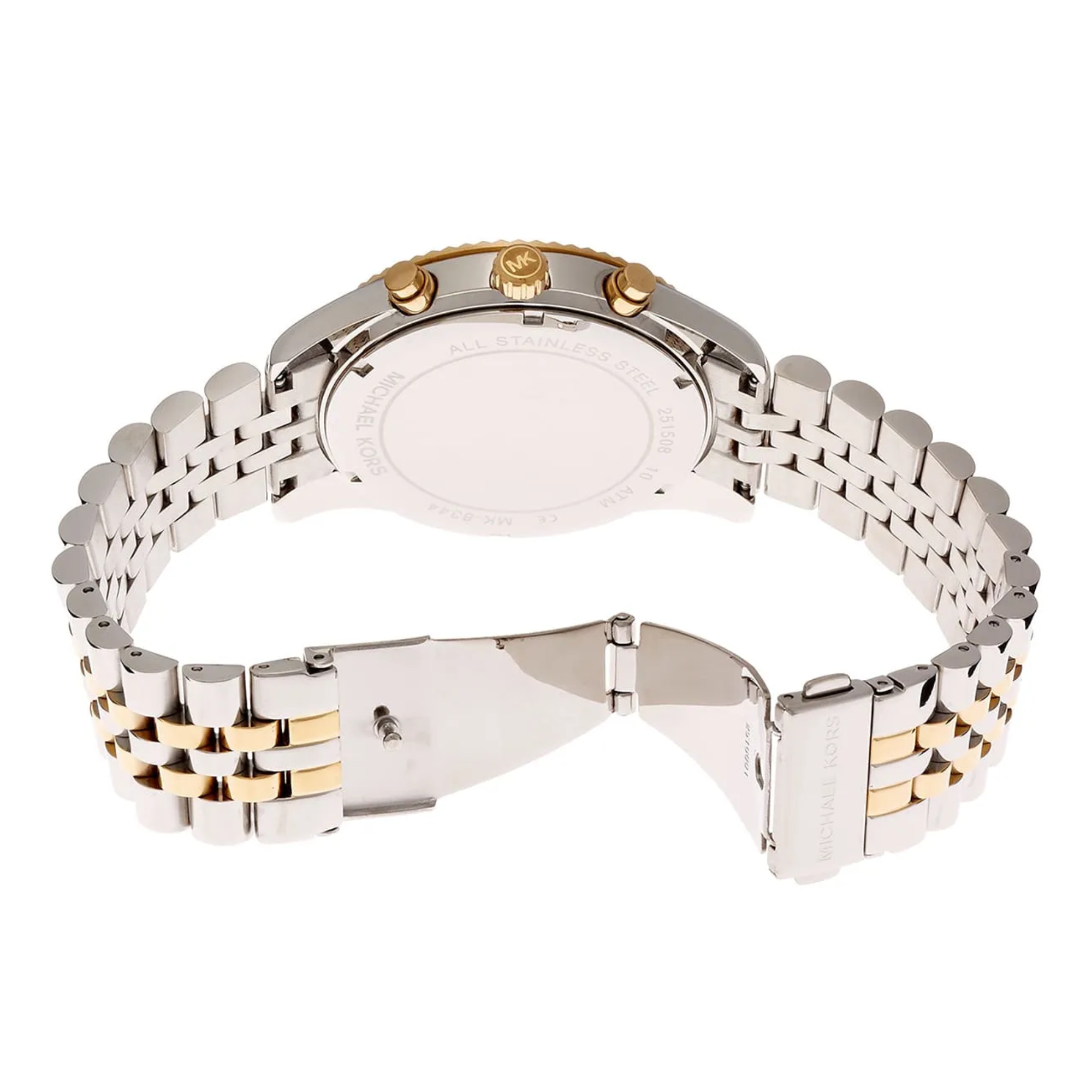 Michael Kors MK8344 caseback with open two-tone bracelet clasp