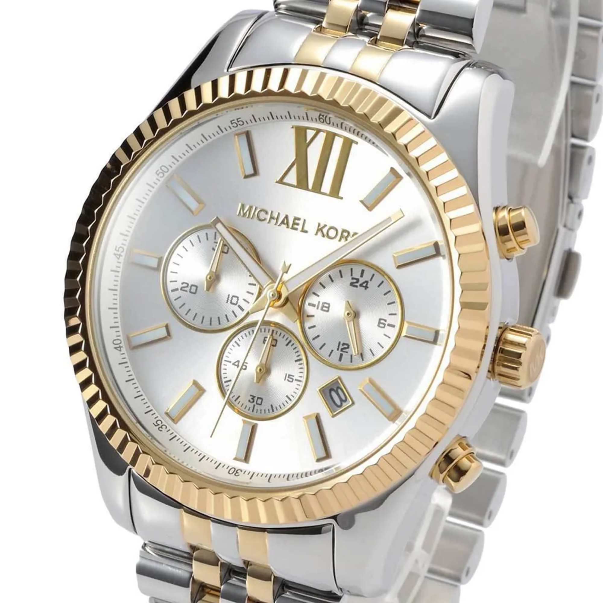 Michael Kors Lexington MK8344 silver dial chronograph close-up