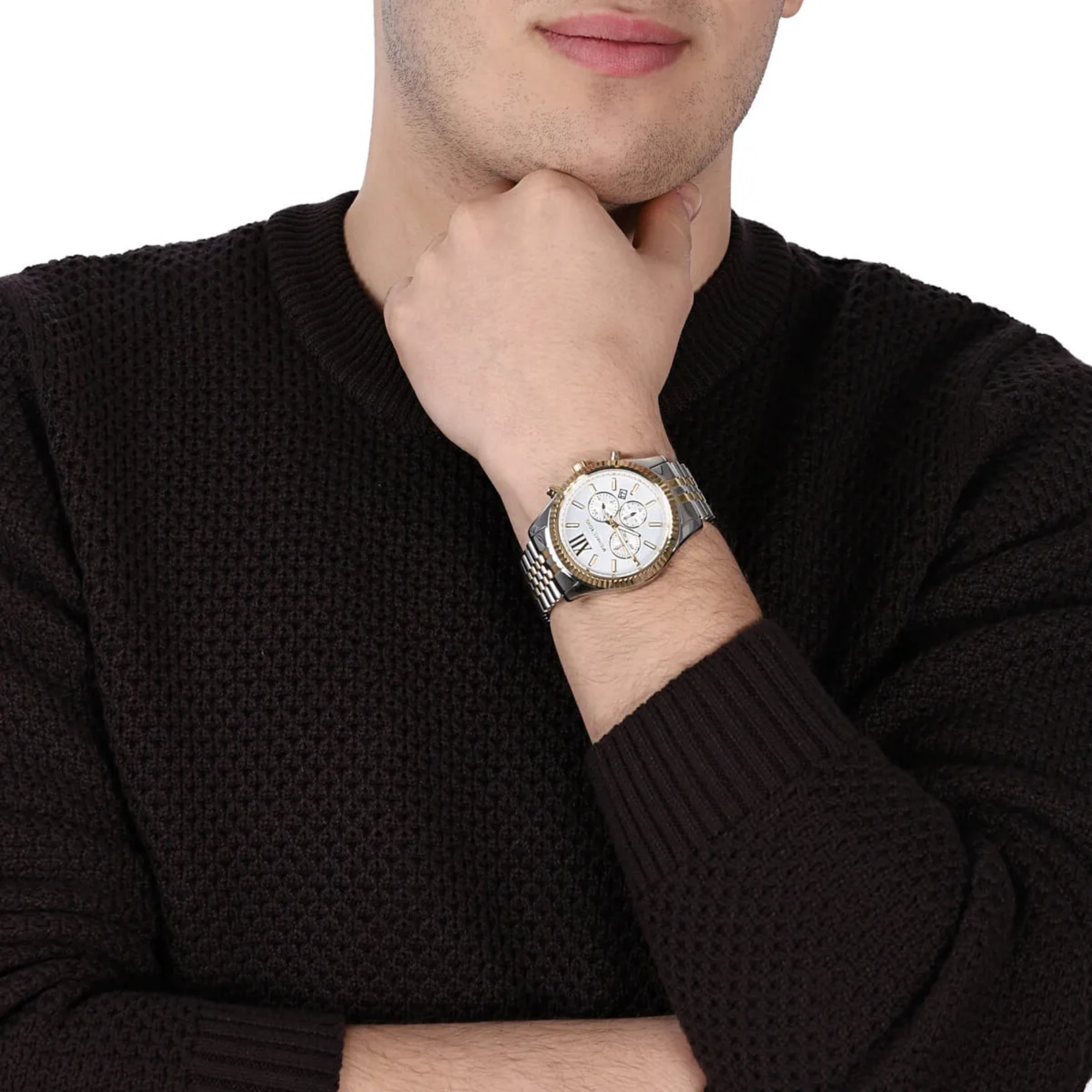 Michael Kors MK8344 Lexington chronograph worn with black sweater