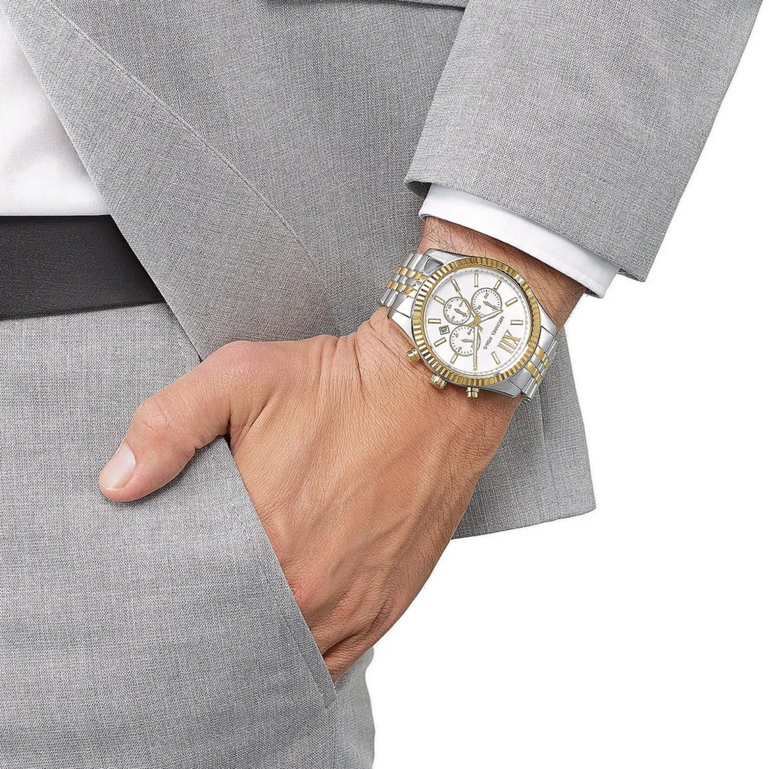 Michael Kors Lexington MK8344 two-tone chronograph styled with grey suit