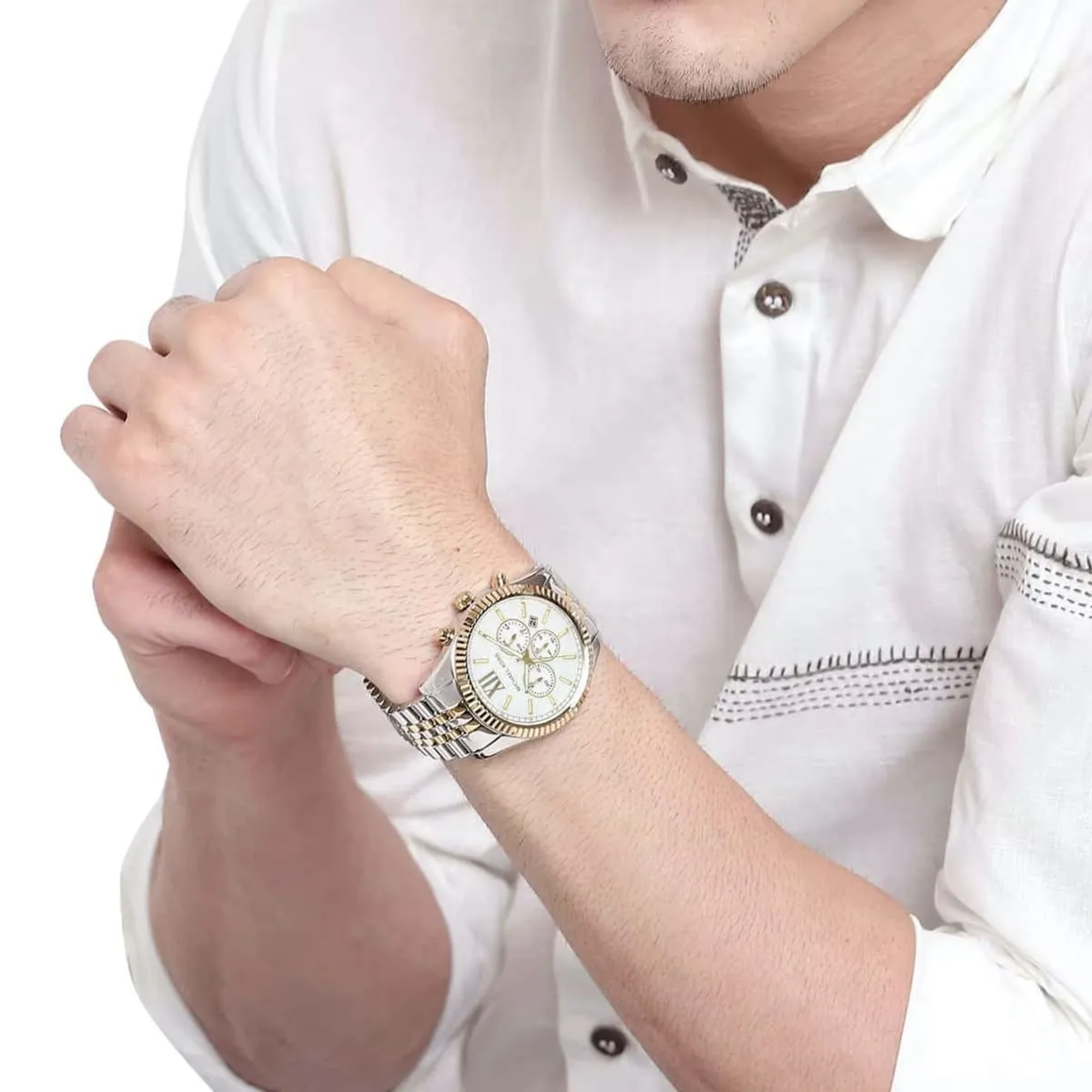Michael Kors Lexington MK8344 two-tone watch worn with white shirt