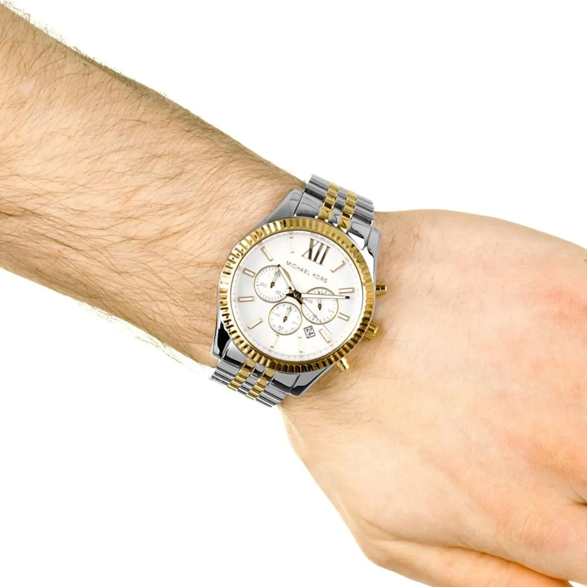 Michael Kors Lexington MK8344 two-tone watch wrist close-up