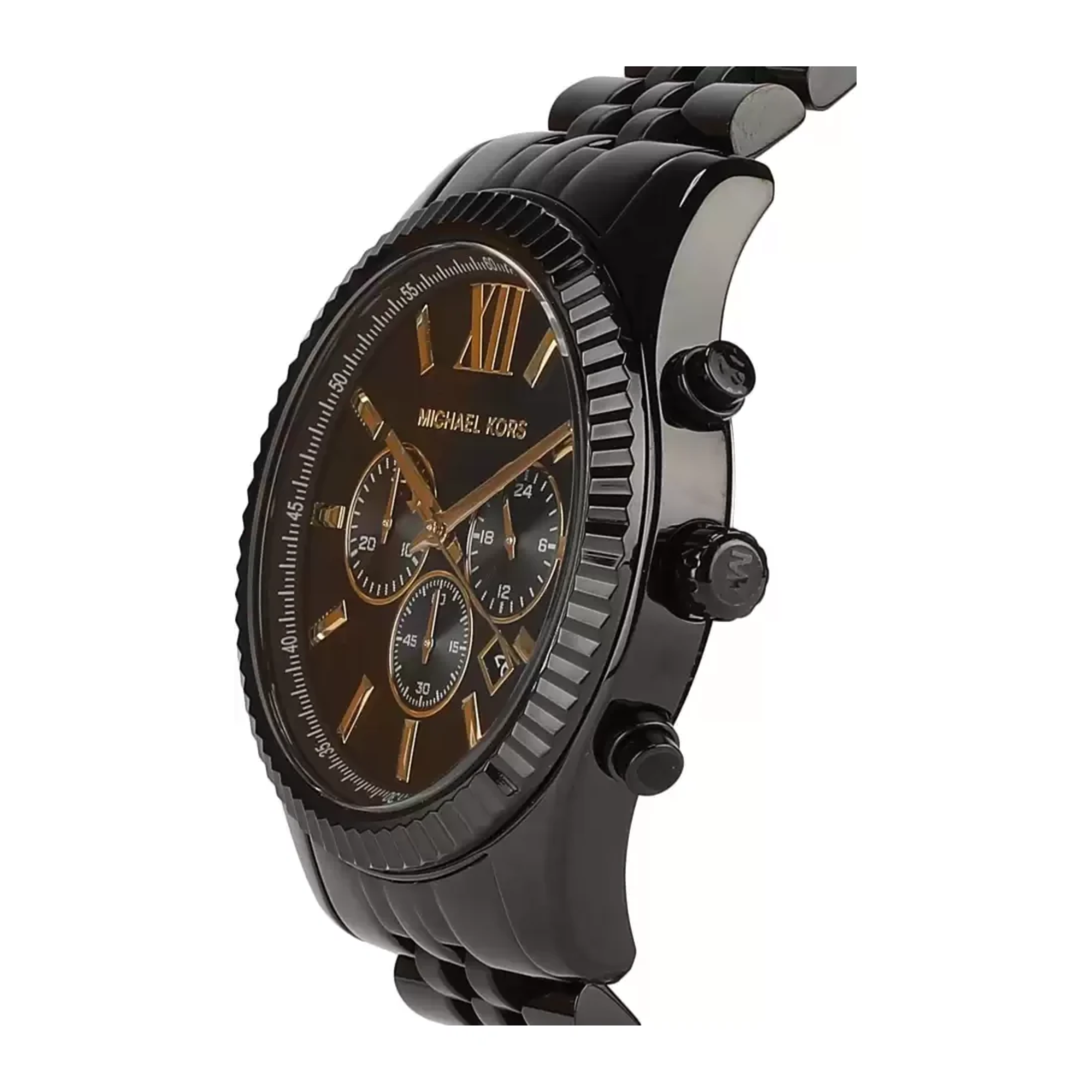Michael Kors Lexington MK8603 black-tone chronograph watch angled view