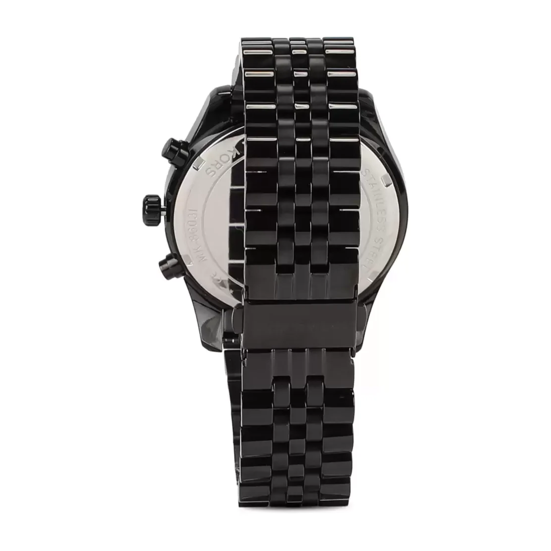 Michael Kors Lexington MK8603 black-tone watch rear view with stainless steel bracelet