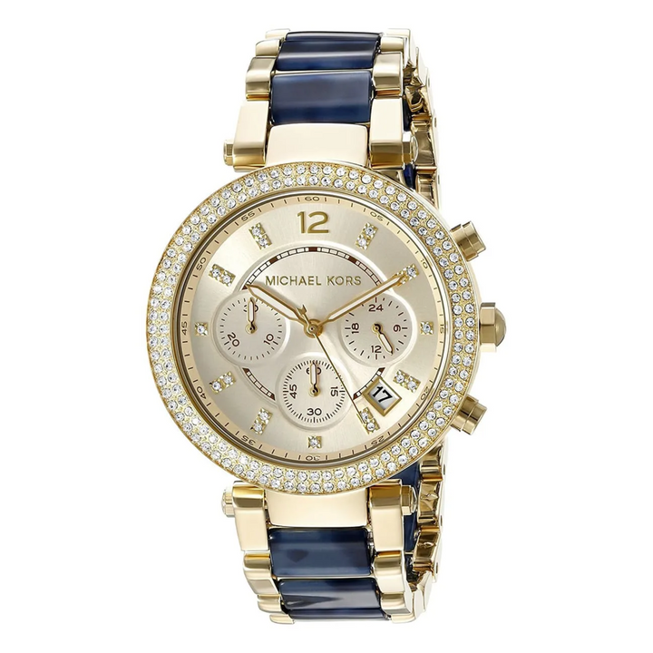 Michael Kors Parker MK6238 gold-tone navy acetate pavé watch angled view – Red Rhino Kenya