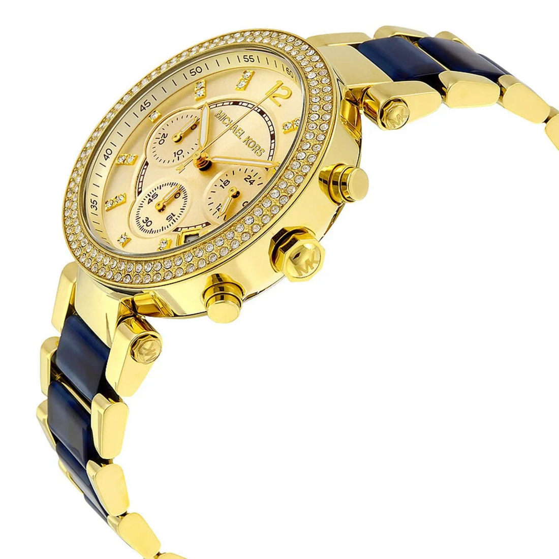 Michael Kors Parker MK6238 case back and navy acetate gold-tone bracelet detail – Red Rhino Kenya
