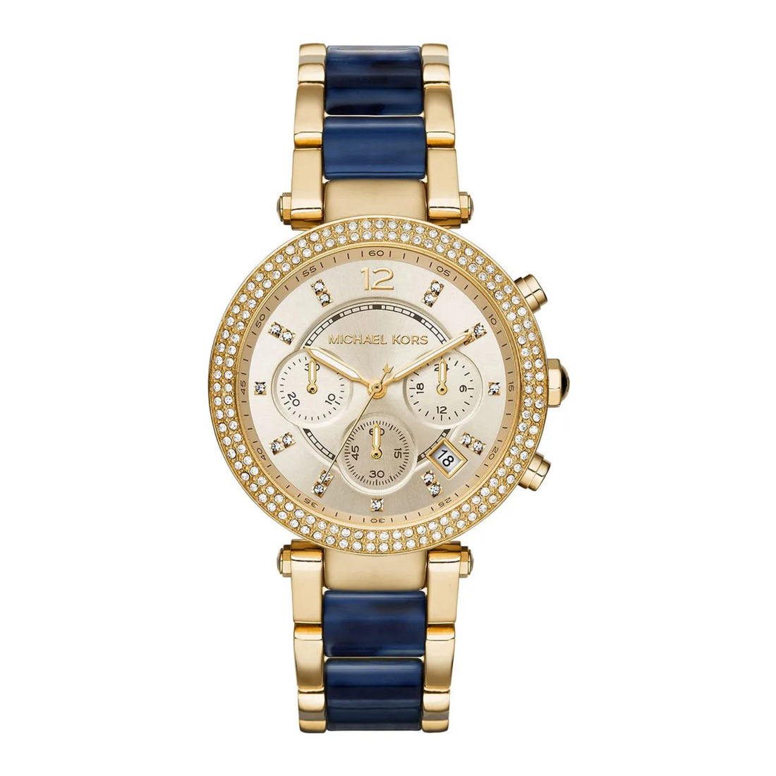 Michael Kors Parker MK6238 women's gold-tone and navy pavé watch front view in Kenya – Red Rhino
