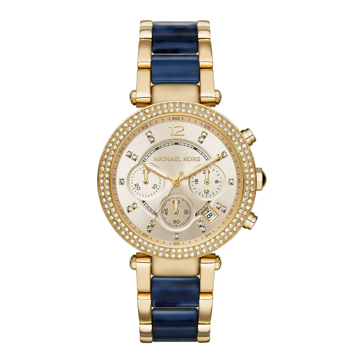 Michael Kors Parker MK6238 women's gold-tone and navy pavé watch front view in Kenya – Red Rhino