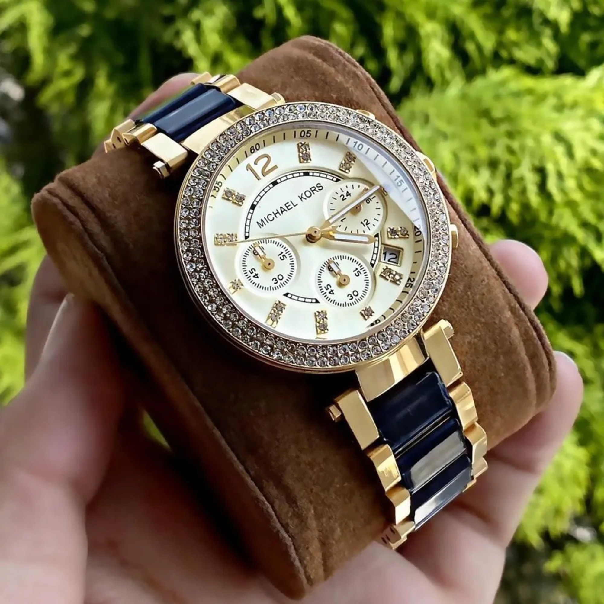 Michael Kors Parker MK6238 gold-tone navy pavé women's watch lifestyle view – Red Rhino Kenya