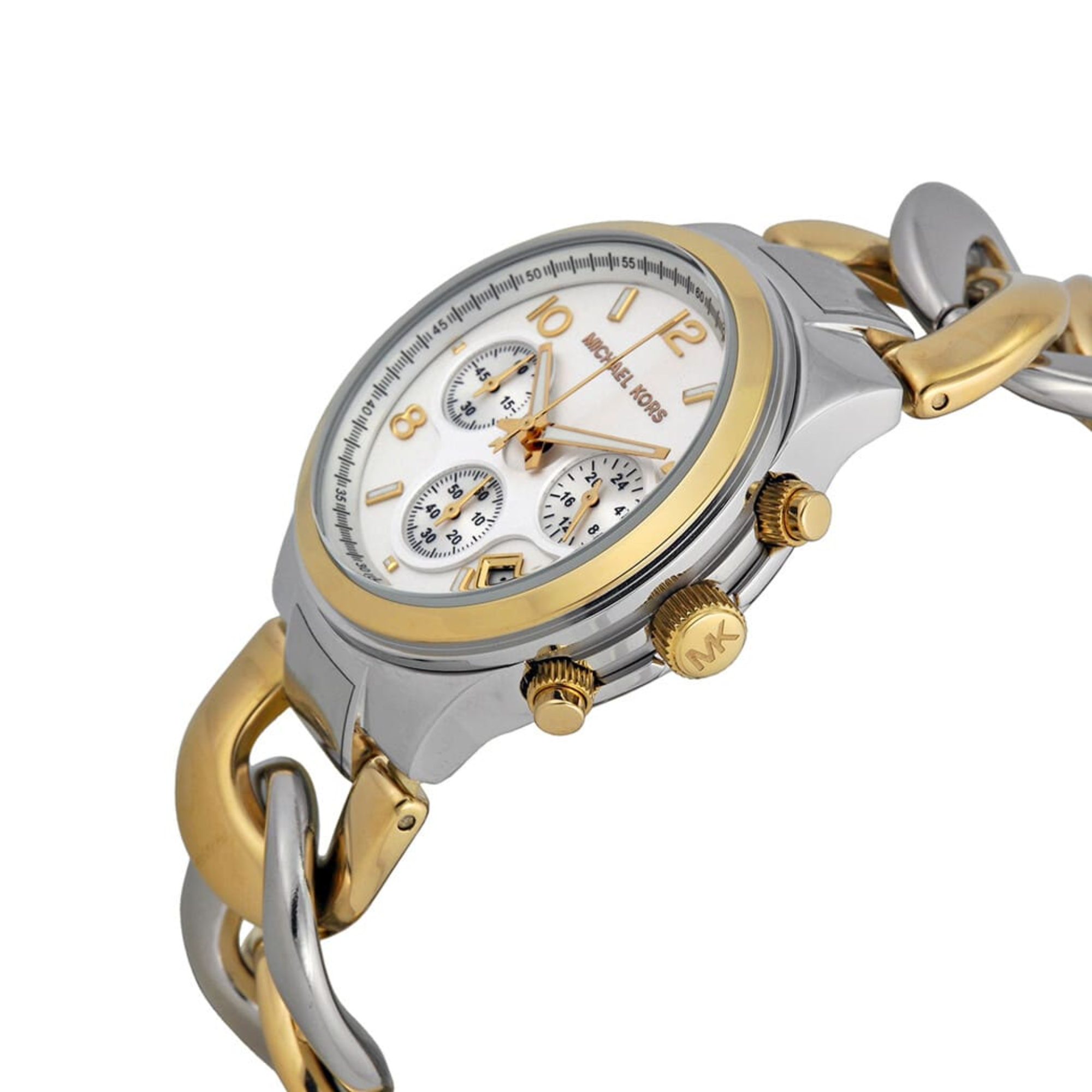 Michael Kors Runway MK3199 silver and gold-tone case chronograph detail