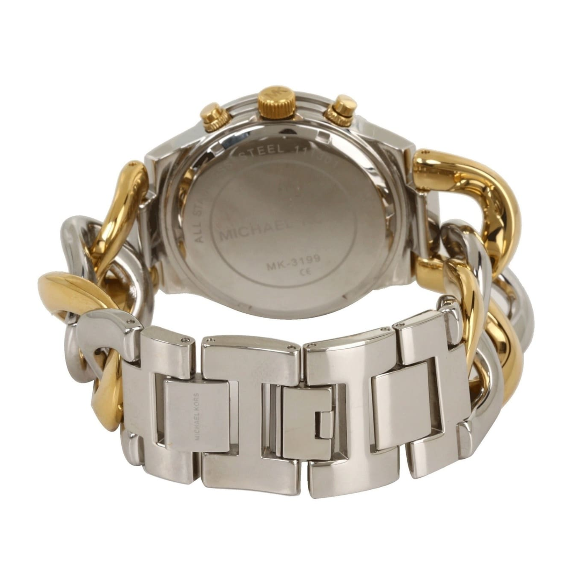 Michael Kors Runway MK3199 caseback clasp and two-tone bracelet detail