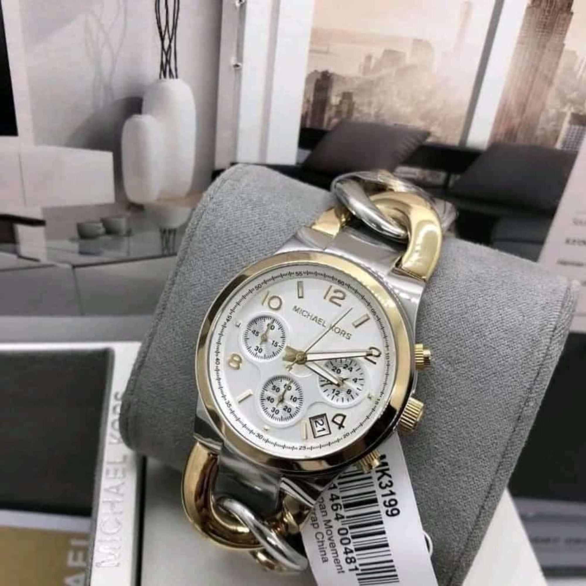Michael Kors Runway MK3199 two-tone chronograph watch displayed with model tag