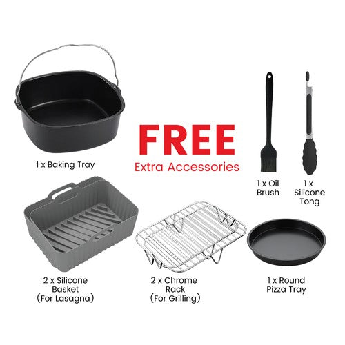 Mika MAFDW2310DB 10L air fryer baking tray, silicone moulds, chrome rack, tray and cleaning tools