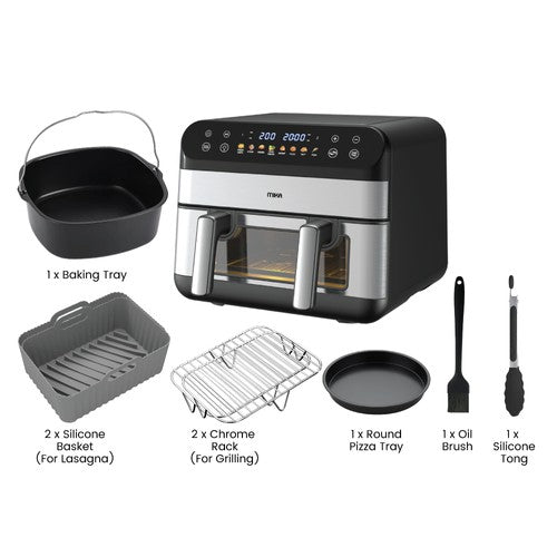 Mika MAFDW2310DB 10L air fryer with its cooking accessories