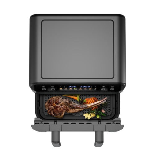 Mika MAFDW2310DB 10L air fryer with lid open and food inside